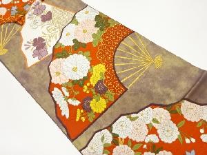 扇に亀甲・草花模様織出し袋帯